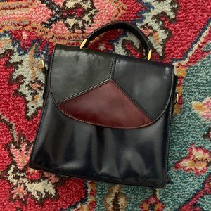 VINTAGE 👜mod leather + brass purse w/ patchwork